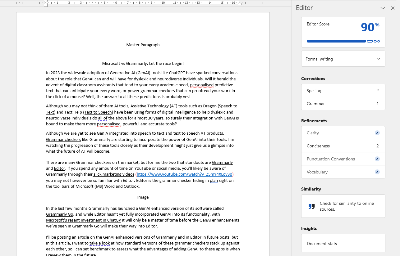 MS Word interface with MS Editor dashboard on right-hand side of screen.
